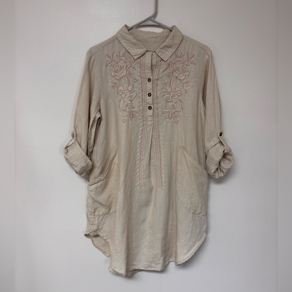 Kyla Seo 100% linen dress top embroidered boho bohemian pockets S
